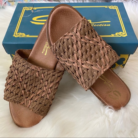 tan woven slides